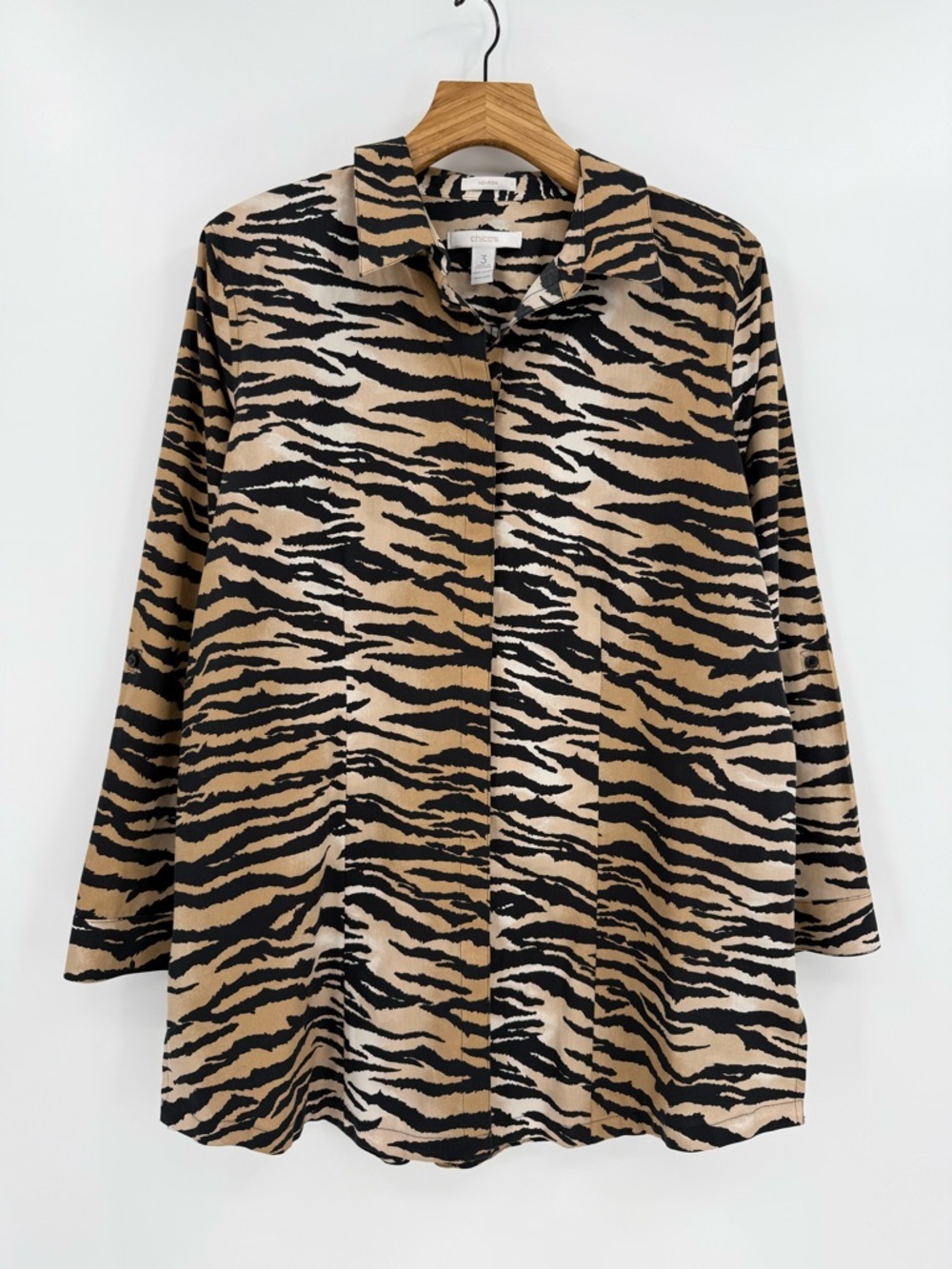 Chico's No Iron Big Cat Print Long Sleeve Tunic Shirt Size 3, or XL 16-18